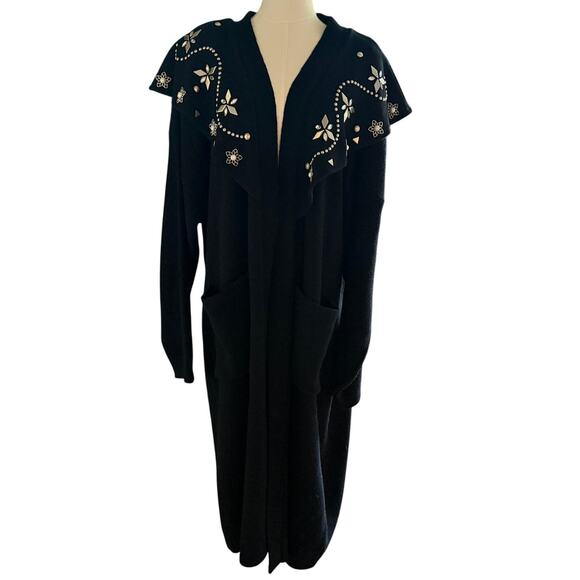 Vintage Embellished Longline Black Cardigan Studded Pearl Heavyweight Lagenlook - Picture 1 of 7